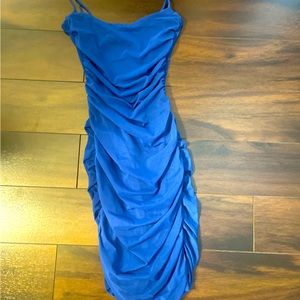 Marsha Mesh Ruched Bodycon Dress in Blue(New- Size Small)